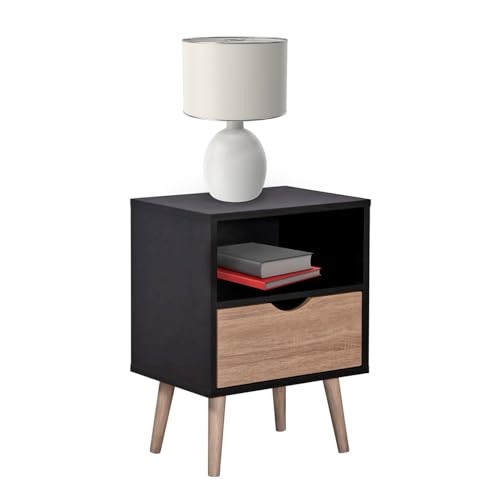 La mejor comparación de Buros Baratos más recomendados. 50 TOPLIVING Buró para Recámara o Mesa Auxiliar para Sala Estilo Nórdico con Estante y Cajón Amplios, Mesa de Noche Moderna con Patas de Madera Color Negro y Café