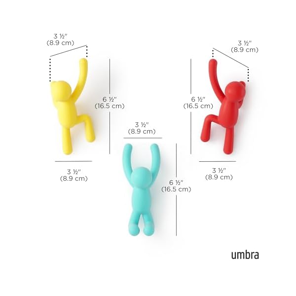 Umbra buddy wall hooksdecorative wall mounted coat hooks for hanging coats scarves bags purses backpacks towels and more set of 3 redblueyellow  urban country home decor