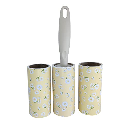 Image of House of Quirk Lint Rollers Brush Reusable Sticky Picker Cleaner Roller Easy-Tear Sheets Pet Hair Lint Roller 10cm Sheet Set of 3 Rolls 180 Sheets, 60 Sheets Each roll - Mustard Flower