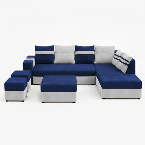 Image of Stova Luxe Velvet-Suede Fabric 8 Seater RHS Sofa Set | with 2 Ottomans& Centre Table| Comfortable & Spacious Seating | Modern Sofa Set for Living Room - Light Grey & Dark Blue