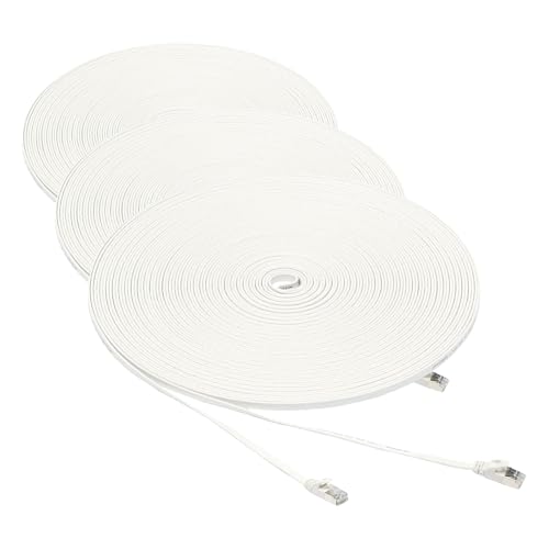 Image of Amazon Basics RJ45 Cat 7 Ethernet Patch Cable, Flat, 600MHz, Snagless, Includes 25 Nails, 100 Foot, White (Pack of 3)