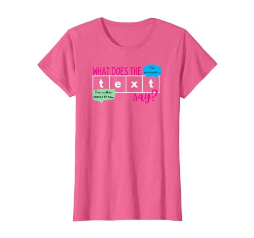 What Does the Text Say Text Evidence Funny Reading Teacher T-Shirt, Women, Pink Heather, X-Large