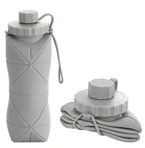 COMFET® Collapsible Water Bottles with Anti-Leak Valve, Reusable BPA-Free Silicone Foldable Travel Water Bottle Cup for Gym, Camping, Hiking, Travel, Sports – Lightweight, Durable,600 ml (GREY)