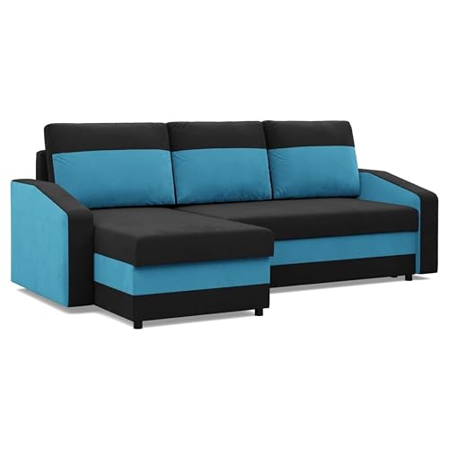 Mebligo - Ecksofa mit Schlaffunktion und Bettkasten Orion, Eckcouch Universelle Seite, Sofa L Form (BxTxH) 231 x 140 x 85 cm, Couch Wohnzimmer, Ecke Sofa, Schwarz + Blau (Mikro 15 + Mikro 18)