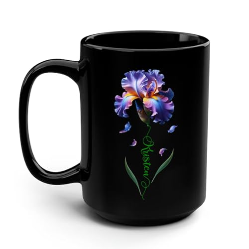 Personalized Iris Flower Coffee Cup Gift for Iris Lovers, Iris Ceramic Cups for Dad Mom Grandparents Birthday, Novelty Iris Flower Black Cup, Customized Purple Iris Mug 11oz 15oz, Iris Tea Cups