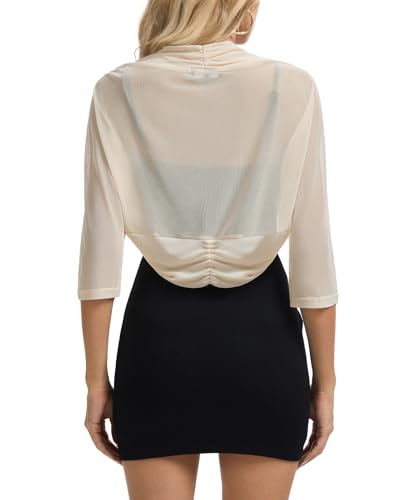 Image of MINTLIMIT Women's Elegant Sheer Mesh Shrug Bolero Batwing 3 /4 Sleeve Open Front Cropped Cardigan Shrugs for Evening Dress