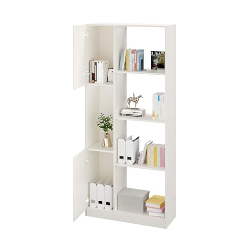 Image of FURNEASER Bookaura Wooden Bookshelf with Doors, Multipurpose Bookcase Storage Organizer for Living Room Modern Wooden Book Shelf Cabinet, Display Rack for Books & Decor (White)