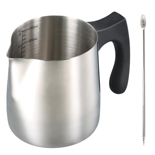 Milk Frother Jug, 350ml Stainless Steel Milk Jug with Measurement Mark, Coffee Jug for Coffee Machine, Latte Art and Cappuccino, Milk Pitcher with Stainless Steel Decorating Pen