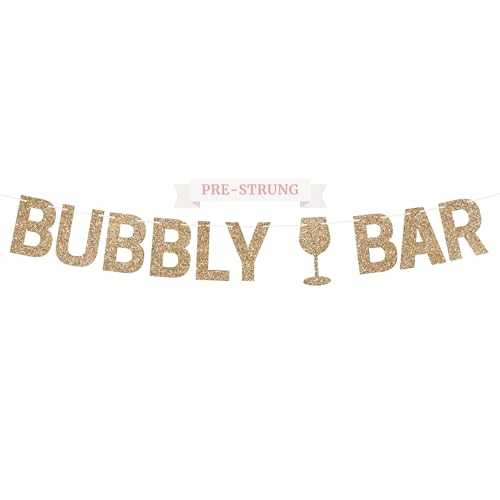 Image of Pre-Strung Bubbly Bar Banner - Gold Glitter Champagne Mimosa Bar Banner | No DIY - Pre-Strung on 10 ft Strand - Drink Sign - Pearls & Prosecco Bridal Shower Brunch Bachelorette Party Decorations