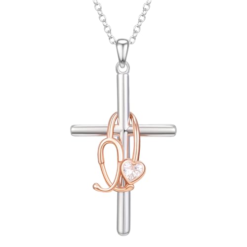 NORBU Sterling Silver Stethoscope Cross Necklace for Women Nurse Essentials Gifts for Nurse/Doctor/Medical Assistant/Medical Student RN Nurses Week Gifts Graduation Presents for Nurses Appreciation Gift