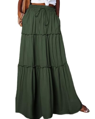 Byoauo Damen Maxirock Blumen Boho Hohe Elastische Taille A-Linie mit Taschen Falten Langer Rock Freizeitrock