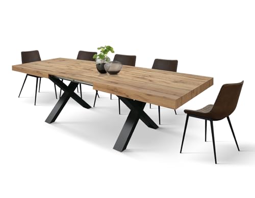 PAZZO DESIGN Table extensible Marco, table salon, cuisine, pieds croisés x noirs, fabriquée en Italie, chêne rustique, 180 x 90 x 76 cm - id_1998