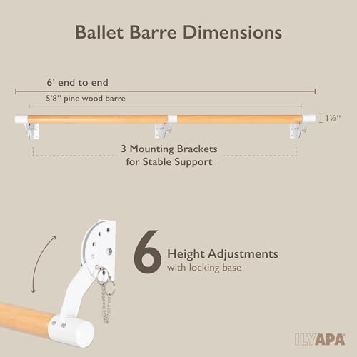 image for Ilyapa Ballet Barre for Home - 5 Ft 8 Inches Wood Adjustable Wall Moun