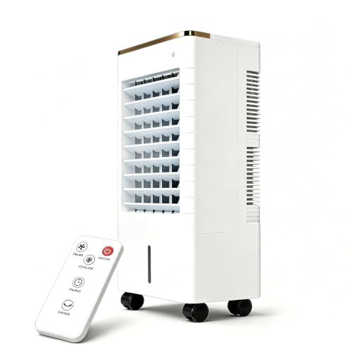 Enfriador de Aire Evaporativo Portátil, Enfriador Evaporativo con Control Remoto, 3 Velocidades, Temporizador de 12 Horas para Garaje, Almacén y Patio