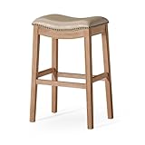 Maven Lane Adrien Backless Bar Stool – 31 Inch Saddle Seat with Footrest – Brown Solid Wood Frame & Beige Faux Leather Upholstery – Ideal for Bars, Pub Tables & Tall Kitchen Counters
