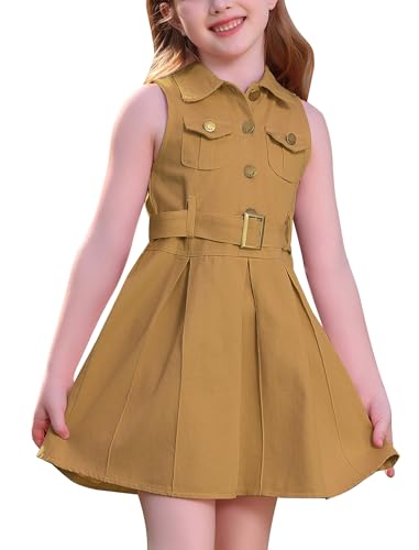 OBEEII Toddler Girls Denim Jeans Dress Sleeveless Summer Casual Lapel Collar A-line Pleated Ruffle Dress with Belt