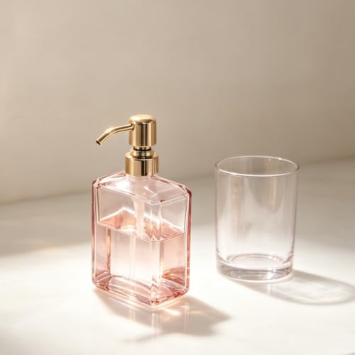 Image of Soap Dispenser Pink Glass Rectangular, Polished Rose Gold Pump | 13.5 oz, Rust Proof Stainless Steel Pump, Refillable, Hand Soap, Liquild Soap, Dish Soap, Bathroom, Kitchen