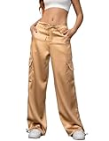Perfashion Satin Pants Women Champagne Cargo Pant Silk Wide Leg Straight Dressy Trousers Going Out Concert Outfits M
