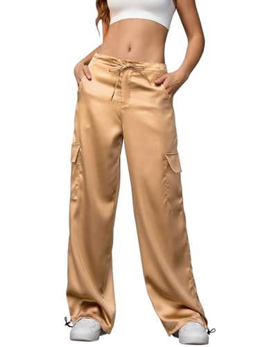 Perfashion Satin Pants Women Champagne Cargo Pant Silk Wide Leg Straight Dressy Trousers Going Out Concert Outfits M