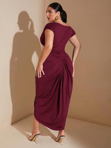 Image of Floerns Women's Plus Size Asymmetrical Neck Long Dress Ruched Slit Hem Cocktail Dress