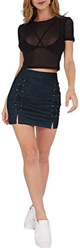 Katiewens Women's Classic High Waist Lace Up Bodycon Faux Suede A Line Mini Pencil Skirt Navy #TOP4