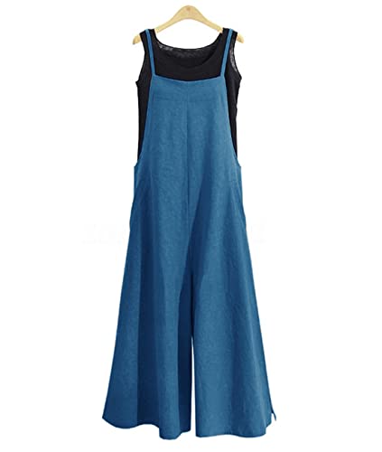 KMAZN Salopette da donna casual in cotone lungo sciolto con bretelle larghe in lino taglie forti tutine pantaloni a gamba larga (S, blu), Blu