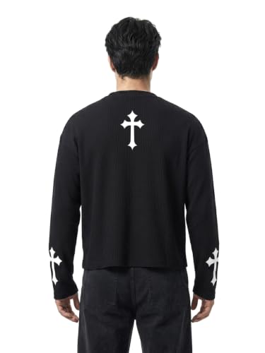 YoungCash Men's Black Waffle Knit Cropped Long Sleeve T-Shirt - Image 3