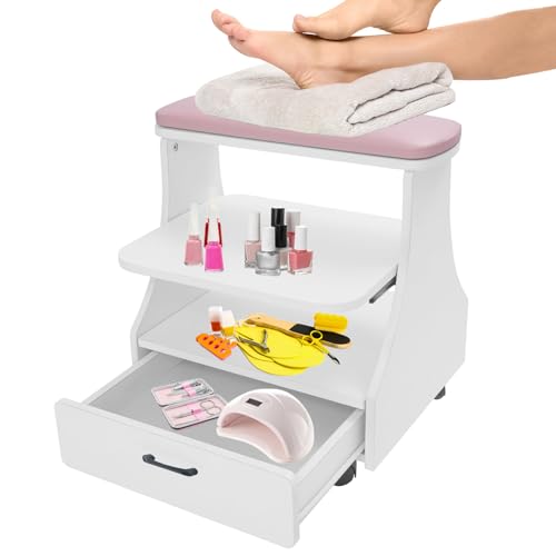 Rindaix Portable Pedicure Foot Rest with Wheels Pedicure Stool Trolley for Foot Bath Spa Cart Nail Stand Manicure Furniture for Beauty Salon or Nail Tech Spa Massage Station (Pink)