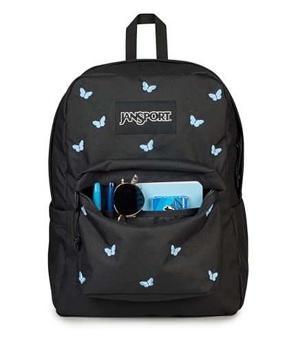 Image of JanSport Superbreak Plus FX Backpack - Work, Travel, or Laptop Bag with Water Bottle Pocket, Superbreak Plus Fx, Tiny Butterflies Black /Md Blu /Lt Blu