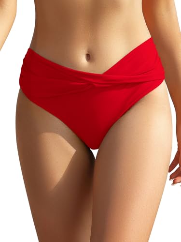 SHEKINI Bikini pour femme - Bas rétro plissés - Taille gainante - Noir - Maillot de bain classique - Maillot de bain grande taille pour femme, rouge, L