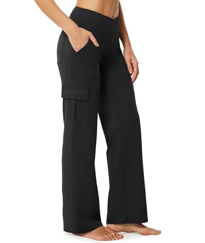 Casei Yoga Pants with Pockets for Women Wide Leg Cargo Pants High Waist Crossover Stretch Work Travel Casual Sweatpants