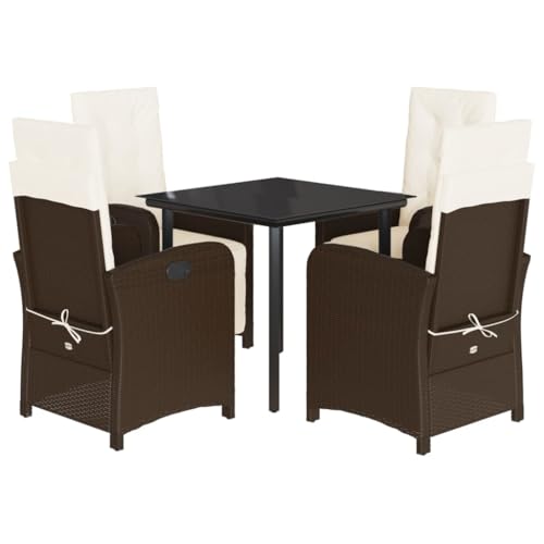Mhdvray Ensemble de Salle à Manger de Jardin 5 Pcs, Salon en Résine Tressée Marron avec 4 Chaises Inclinables, Table en Verre Trempé et Coussins Blanc...