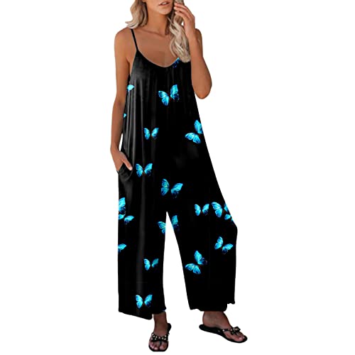 Mono casual de verano para mujer, con tirantes delgados, estampado de bolsillo y bolsillo para mujer, para verano, para mujer, azul, L thumbnail