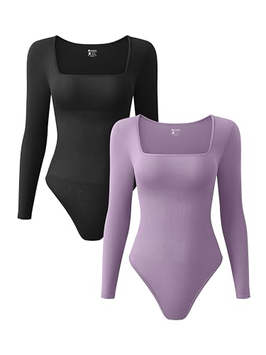 OQQ Women's 2 Piece Bodysuits Sexy Ribbed One Piece Square Neck Long Sleeve Tops