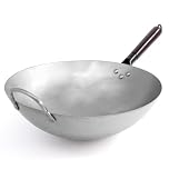 joeji's Kitchen Carbon Steel Wok 34.5cm - Round Bottom - Detachable Wood Handle - Traditional Hand Hammered Style - Commercial Grade - Heavy Sturdy Chinese Frying Pan Wok - Perfect for Asian Dishes