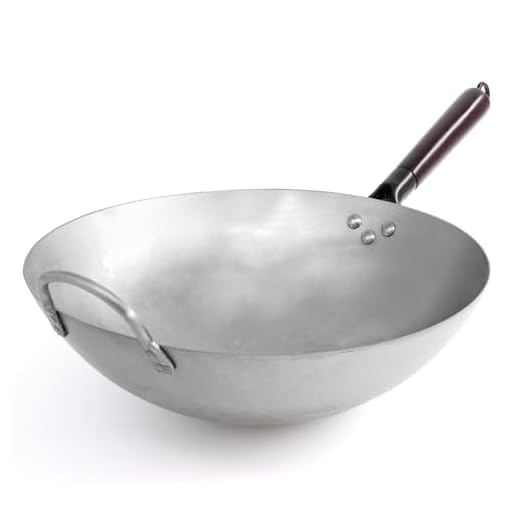 Joeji's Kitchen Wok in acciaio al carbonio 35 cm - Fondo tondo - Manico in legno rimovibile - Stile tradizionale martellato a mano - Padella Wok cinese robusta e pesante - Perfetta per piatti asiatici