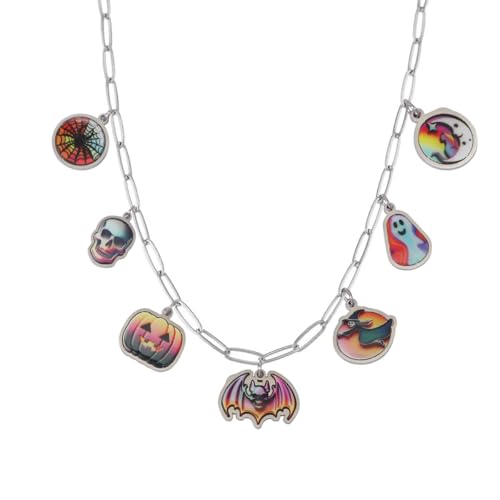 Image of Halloween Necklace Nightmare before Christmas Horror Party Charm Choker Necklace Pumpkin Ghost Bats Cat Spider Skull Coffin Eyeball Bracelets Colorful Skull Charm Stainless Steel Bracelet