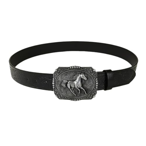 Ceinture noire de 3,8 cm pour jean motif floral western et boucle cheval au galop