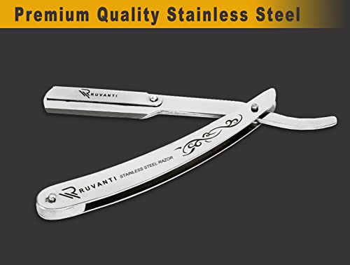 Ruvanti Professional Barber Straight Razor, Stainless Steel Straight Edge Men's Razors, Salon Quality Cut Barber Razor With Safety, For Men's Shave (Silver) #TOP3