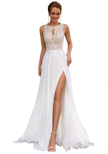 HUINI Damen Lang Brautkleid Hochzeitskleid Standesamt Boho Vintage Strand Brautmode Brautkleider mit Schleppe B-Elfenbein 44