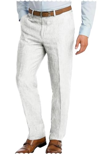 Men's Cotton Linen Dress Pant Slim Fit Lightweight Flat Front Regular Straight Trousers for Office Wedding