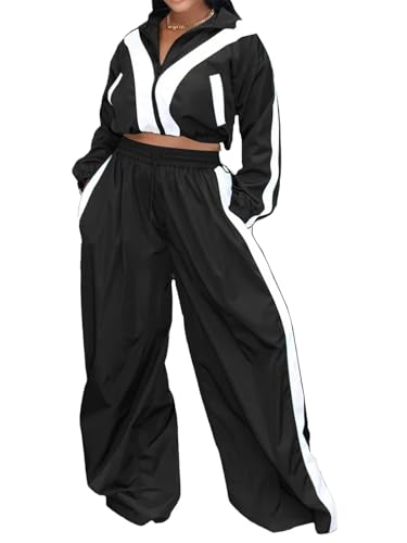 Women Striped Workout Sets Fall Outfits Zip Up Windbreaker Jacket Wide Leg Pant Tracksuit Oversized Sweatsuit Black M