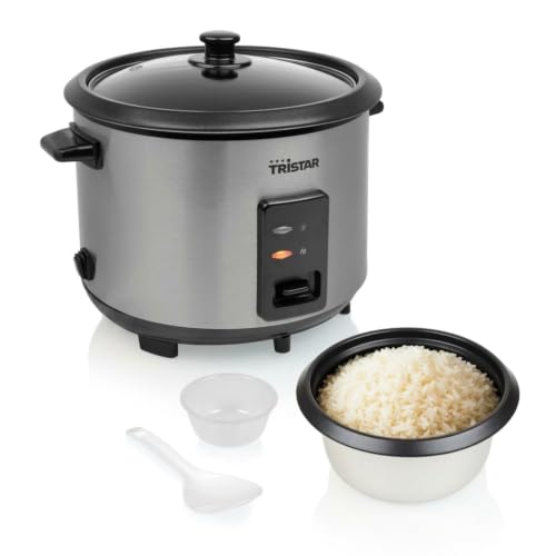 Tristar Olla Arrocera, Capacidad 1,8 L, Cuerpo de Acero Inoxidable con Tapa de Cristal, Recipiente Antiadherente, Apagado Automático y Función Mantener Caliente, 700 W, RK-6148