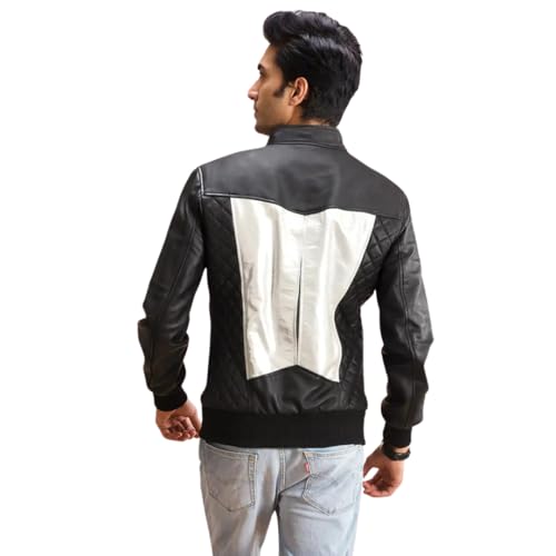 Stylish Two-Tone Leather Jacket, Black and White, Modern Bomber Style with Contrast Panels, Casual Wear3