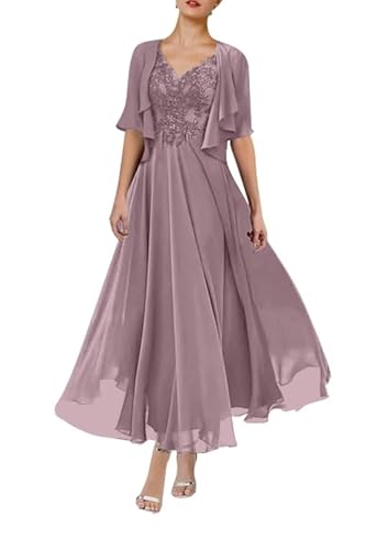 JIIL Kleid Für Brautmutter,Damen Brautmutterkleider Lang Zweiteilig Hochzeit Mit Jacke Spitzenkleid...