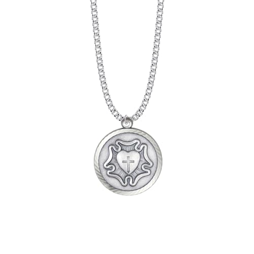 True Faith Jewelry 1-1/4 Inch Round Nickel Silver Lutheran Rose Medal Pendant Necklace, Religious Jewelry Gift, Antique Finish, Engraved Back, 24 Inch Chain