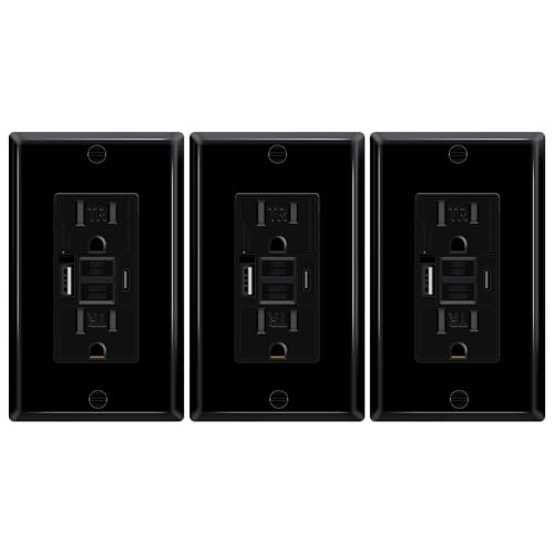 3 Pack Black 15A GFCI Outlet with USB Ports(Type A &amp; C, 4.8A/24W Total Output), GFI Electrical Outlet with 2 USB Charging Ports- Self-Test Tamper-Resistant with LED Indicator, ETL Listed