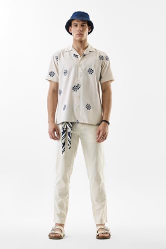 Image of SNITCH Men Casual Trousers | Slim Fit Mid Rise Textured Design | Cotton Linen Blend & Breathable Fabric for Summer & Street Wear