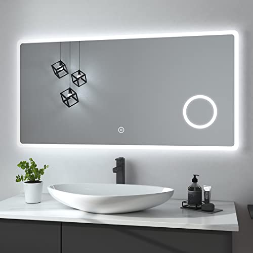 Heilmetz Miroir Salle de Bain LED 120 x 60 cm, Miroir Salle de Bain avec Loupe 3X + Interrupteur Tactile + éclairage Lumière Blanche Froide 6500K, IP44 Cover