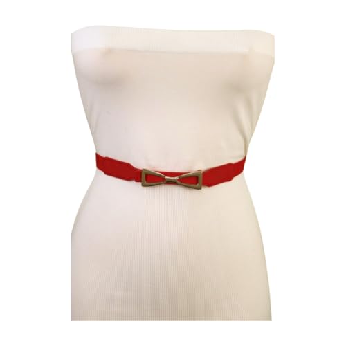 Women Red Skinny Fashion Belt - Faux Leather Narrow Waistband Gold Bow Buckle S M z2173